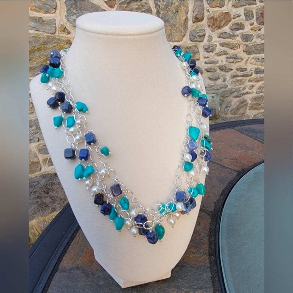 Estate 60” Sterling Silver Necklace w/ Turquoise, Sodalite & Freshwater Pearls